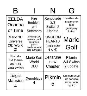 Nintendo Direct Bingo Card