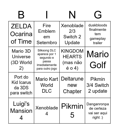 Nintendo Direct Bingo Card