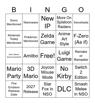 Nintendo Direct June 26 Bingo Card