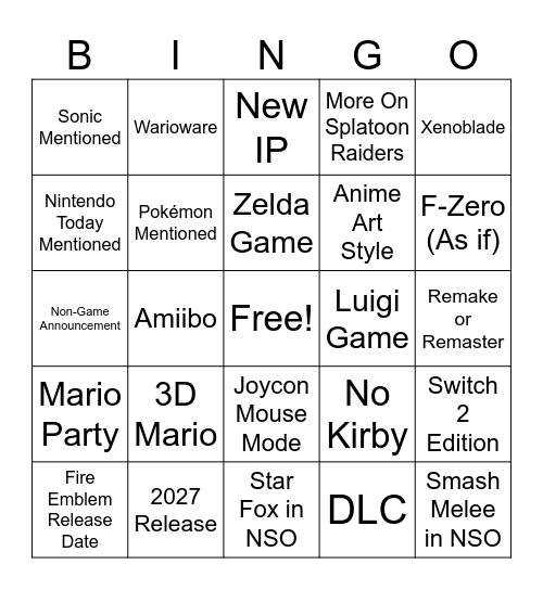 Nintendo Direct June 26 Bingo Card