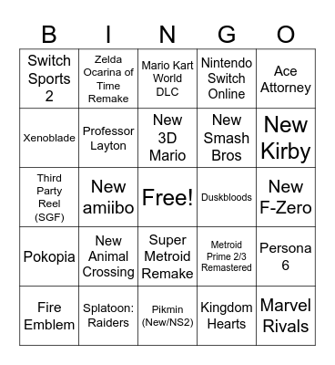 Nintendo Direct 9-6-2026 Bingo Card