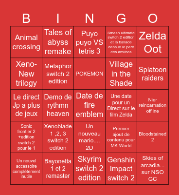 NINTENDO INDIRECT Bingo Card
