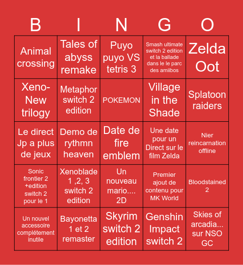 NINTENDO INDIRECT Bingo Card