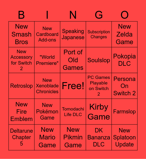 Nintendo Direct Bingo Card