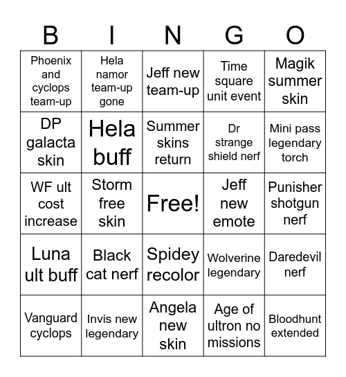 Season 8.5 Bingo Card