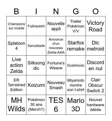 Nintendo Direct 9 juin Bingo Card
