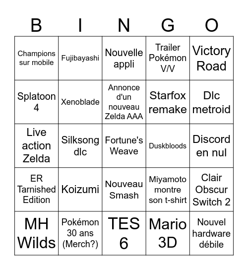 Nintendo Direct 9 juin Bingo Card