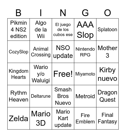 Nintendo Direct Bingo Card