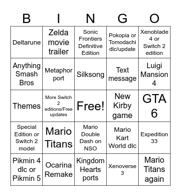 Nintendo Direct Bingo Card