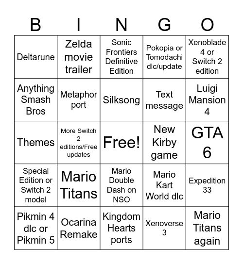 Nintendo Direct Bingo Card