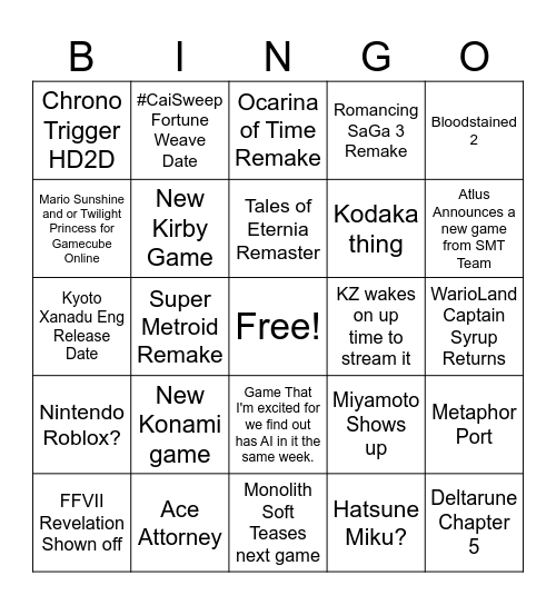 Nintendo Direct Summer 2026 Bingo Card