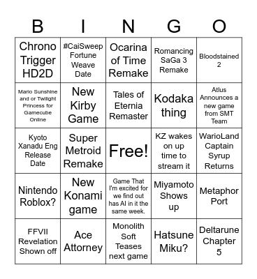 Nintendo Direct Summer 2026 Bingo Card