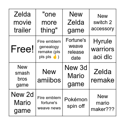 Nintendo direct du 9 juin Bingo Card