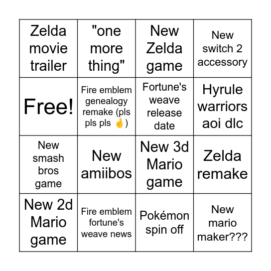 Nintendo direct du 9 juin Bingo Card