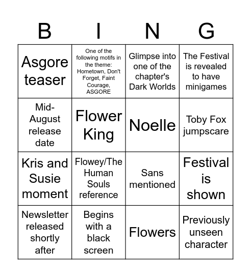 Deltarune Chapter 5 Trailer predictions Bingo Card