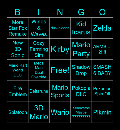 Nintendo Direct Bingo Card