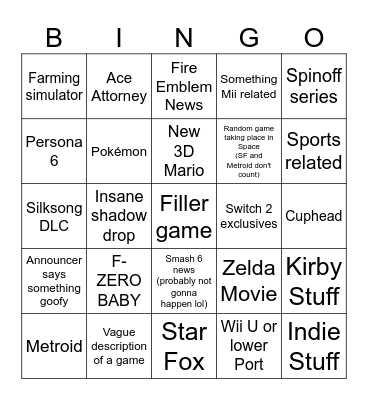 nintendo direct 6/9/26 Bingo Card
