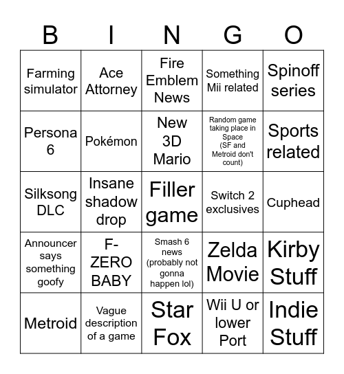 nintendo direct 6/9/26 Bingo Card