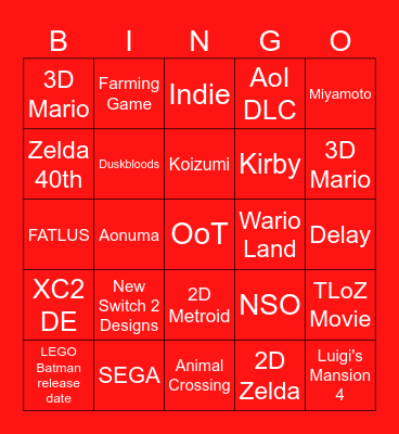 Nintendo DIRECT Bingo Card