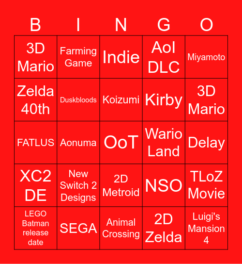 Nintendo DIRECT Bingo Card
