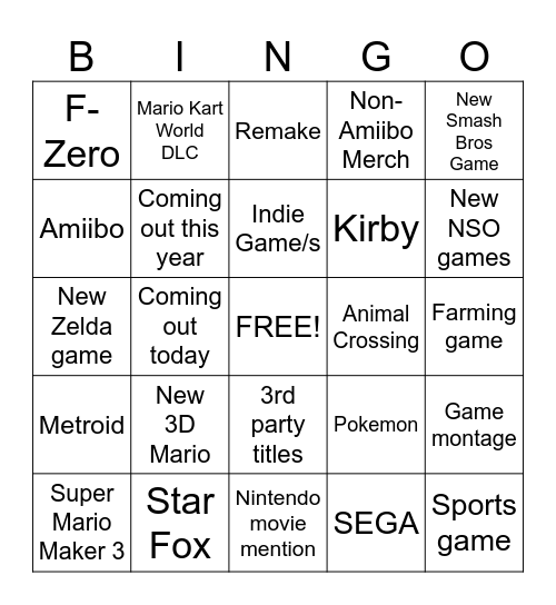 Nintendo Direct 6/9/26 Bingo Card