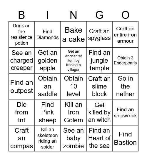 Minecraft Bingo Card