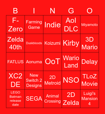 Nintendo DIRECT Bingo Card