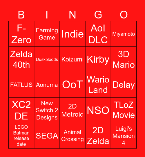 Nintendo DIRECT Bingo Card