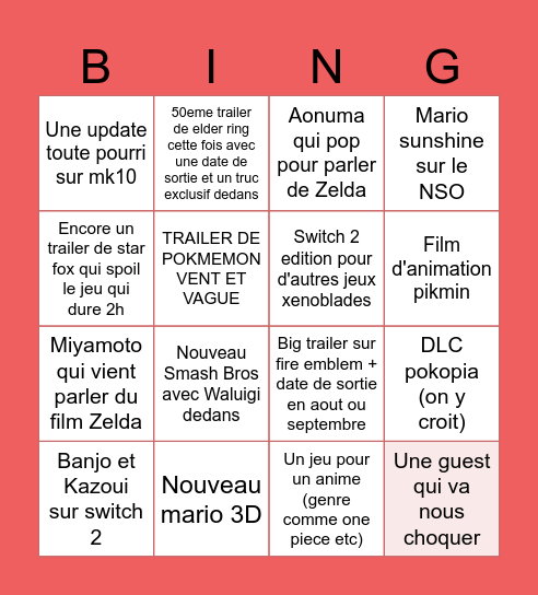 Nintendo Bingo Direct (nissou) Bingo Card