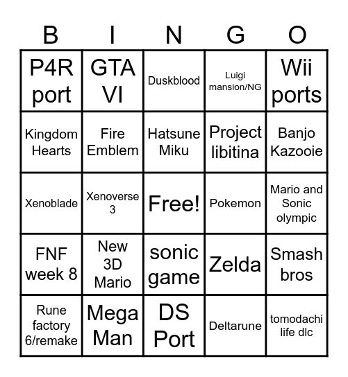 Nintendo Direct 2026 Bingo Card
