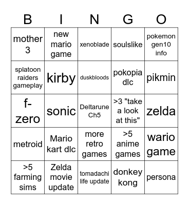 nintendo direct Bingo Card