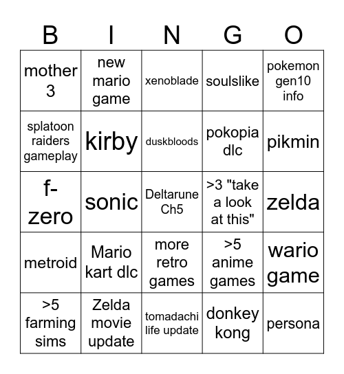 nintendo direct Bingo Card