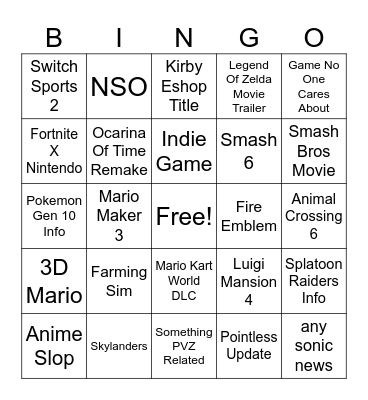 Nintendo direct bingo Card