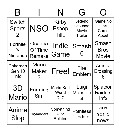 Nintendo direct bingo Card