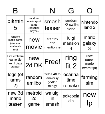 Nintendo direct Bingo Card