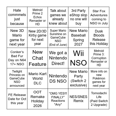 Nintendo Direct 6/9/26 Bingo Card