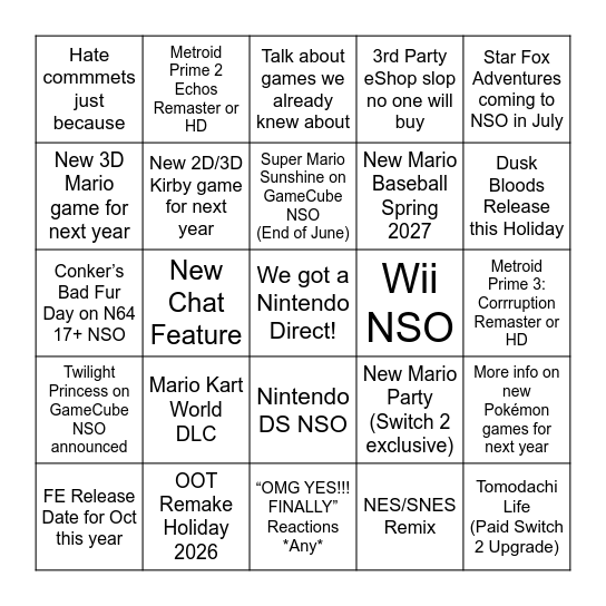 Nintendo Direct 6/9/26 Bingo Card