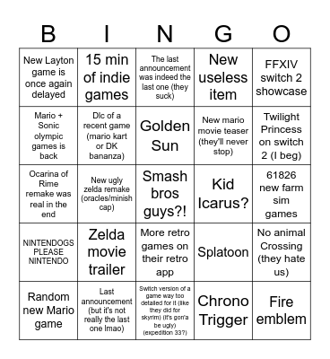 Nintendo Direct 09/06 Bingo Card