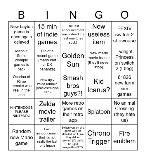 Nintendo Direct 09/06 Bingo Card