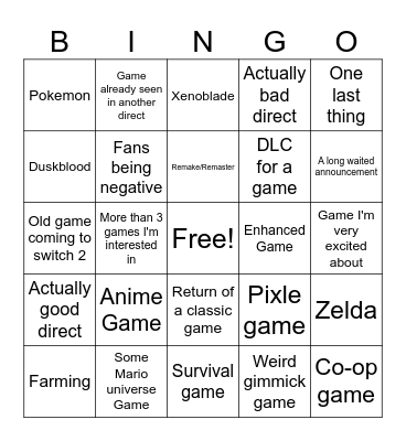 Nintendo Direct 2026 Bingo Card