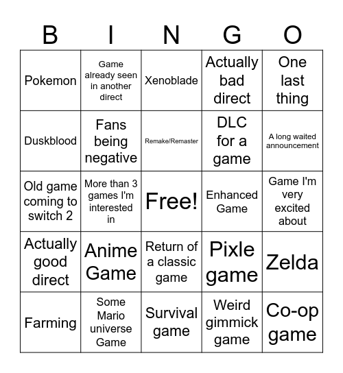 Nintendo Direct 2026 Bingo Card