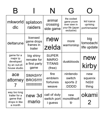 nintendo direct 69 Bingo Card