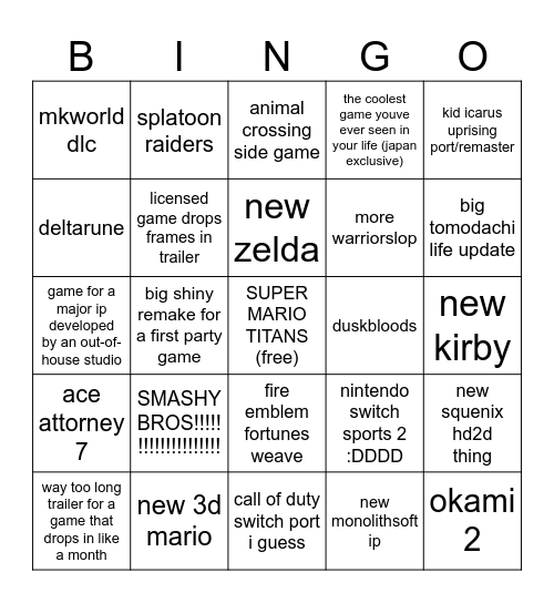 nintendo direct 69 Bingo Card