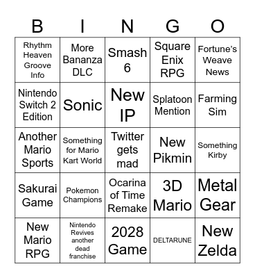 Nintendo Direct Bingo Card