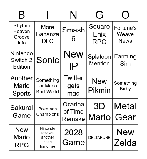 Nintendo Direct Bingo Card