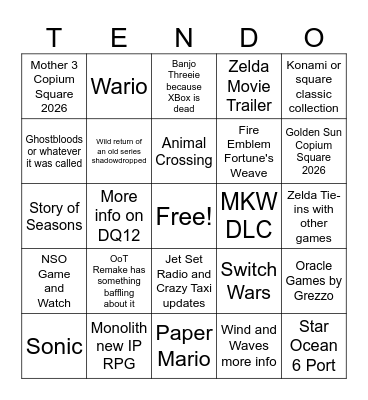 Nintendo Direct 6/9/26 Bingo Card