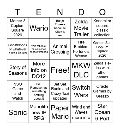 Nintendo Direct 6/9/26 Bingo Card