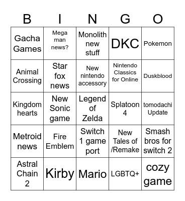Nintendo Direct Bingo Card