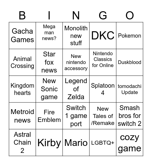 Nintendo Direct Bingo Card