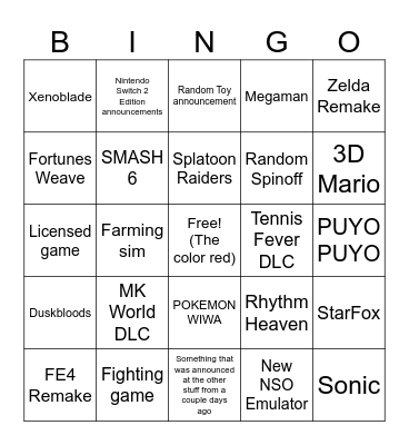 June 9TH Nintendo Direct Bingo Card